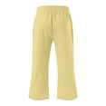thumbnail image 3 of Povozer Kids Girls High Waist Wide Leg School Uniform Pants Capris Pants for Girls Summer Casual Loose Cotton Linen Straight Wide Leg Drawstring Waist Solid Cropped Pant for 13-14 Years,Yellow, 3 of 4