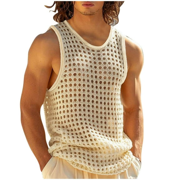 Tauxra Men's Sleeveless Mesh Vest,Summer Hollow Out Fitness V Neck Breathable Knit