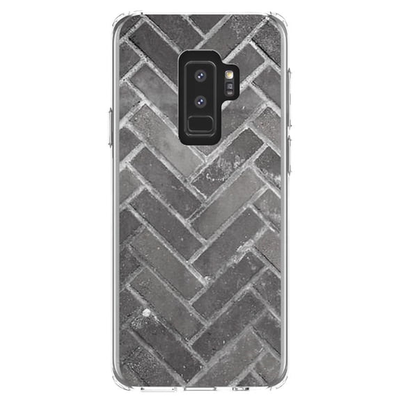 DistinctInk Clear Shockproof Hybrid Case for Samsung Galaxy S9  PLUS (6.2" Screen) - TPU Bumper, Acrylic Back, Tempered Glass Screen Protector - Herringbone Brick Floor
