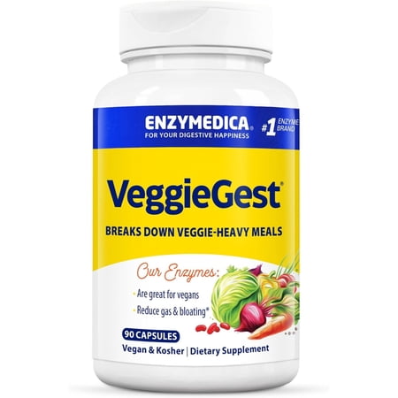 Enzymedica VeggieGest, Digestive Enzymes for Vegan, Vegetarian and Raw Diets, Prevents Gas and Bloating, 90 Capsules