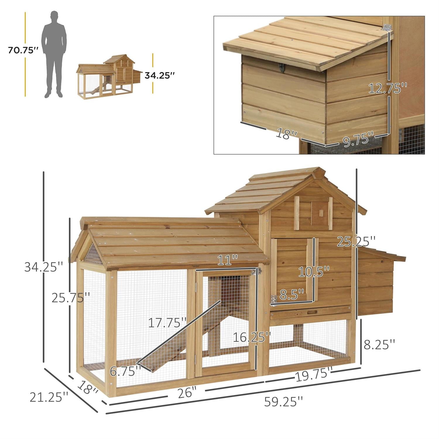 Pefilos 59" Outdoor Wooden Chicken Coop with Nesting Box, Runs, Farm Hen House 2-4 Hens, Weatherproof Pet House for Rabbits, Poultry, Beige