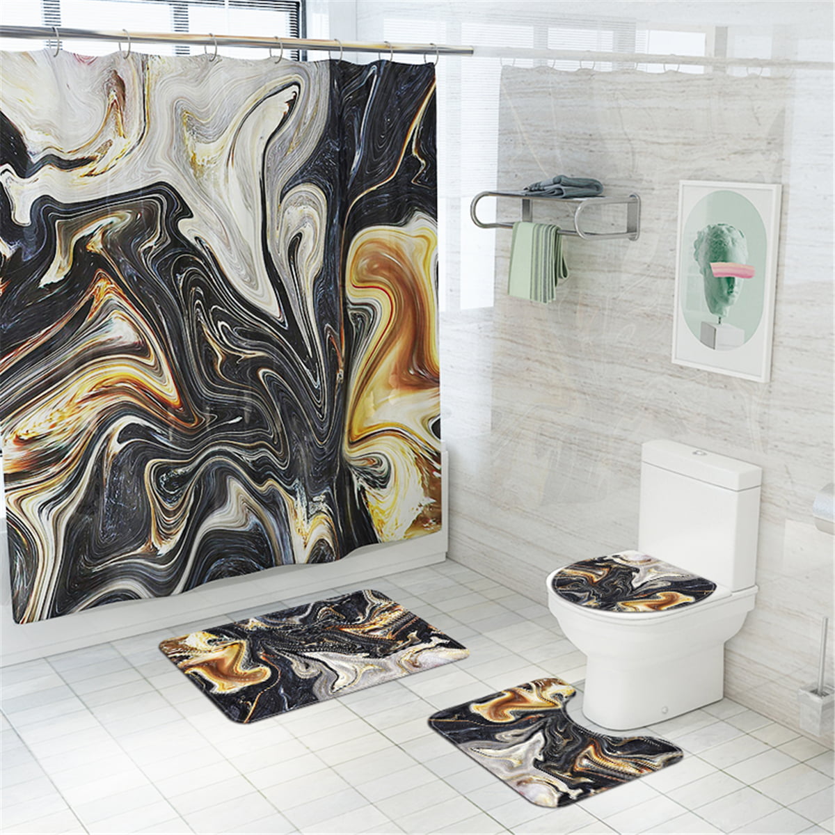 Golden Phoenix Waterproof Shower Curtain Non-Slip Bath Mat Toilet Lid Cover Set