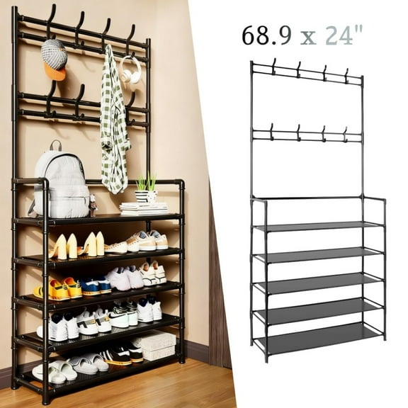 Strafriture 5 Tiers Shoe Rack Coat Rack with 8 Hooks Hat Rack, Multi-Functional Freestanding Shoe Shelf Coat Storage Organizer for Entryway Hallway
