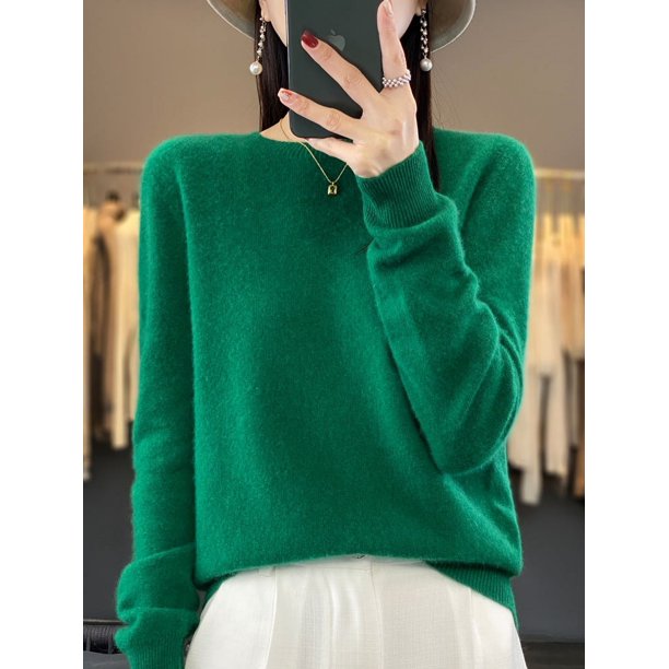 Suéter de lana merino 100 % para mujer, jersey de cachemira, prendas de punto, otoño e invierno, cuello redondo, color liso, ropa básica de moda para mujer