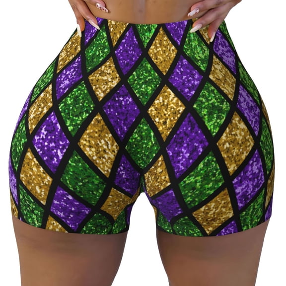 Vsdgher Mardi Gras Shiny Green Purple print Workout Shorts for Women Seamless Soft Smooth Gym Yoga Scrunch Active Exercise Fitness Shorts