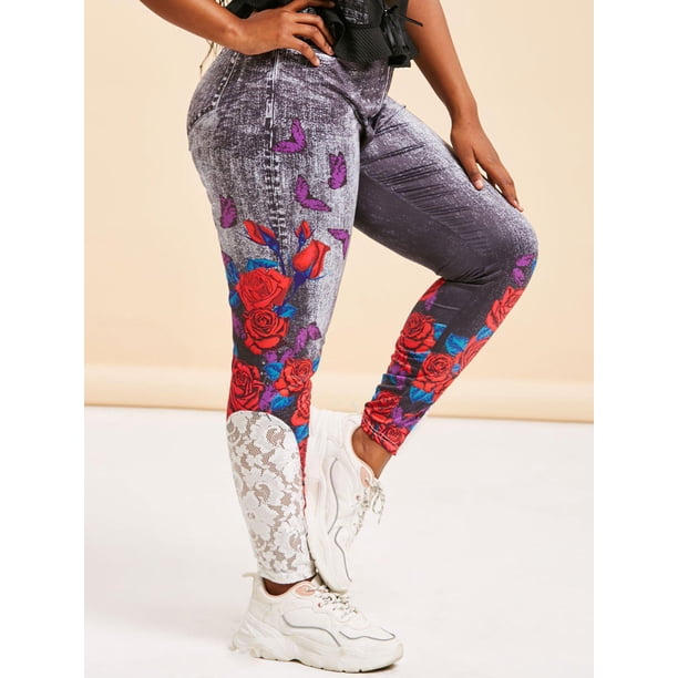 Panel de encaje de la mariposa de la impresión 3D de la impresión MÁS JEJORES DE TAMAÑO Rosegal Leggings de talla grande