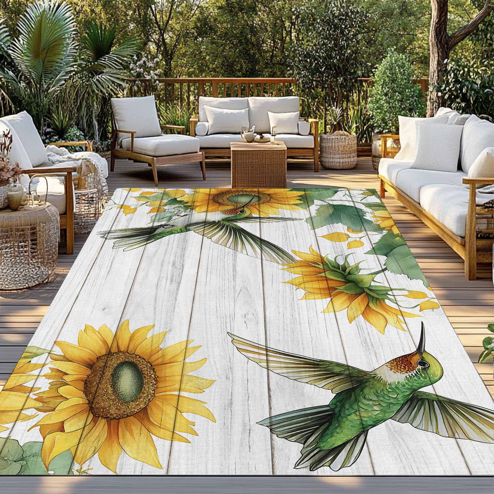 Fsddascl Sunflower Outdoor Rug for Patio/Deck/Porch, Non-Slip Large Area Rug 4 x 6 Ft, Yellow Summer Botanical Hummingbird Indoor Outdoor Rugs Washable Area Rugs, Reversible Camping Rug Carpet