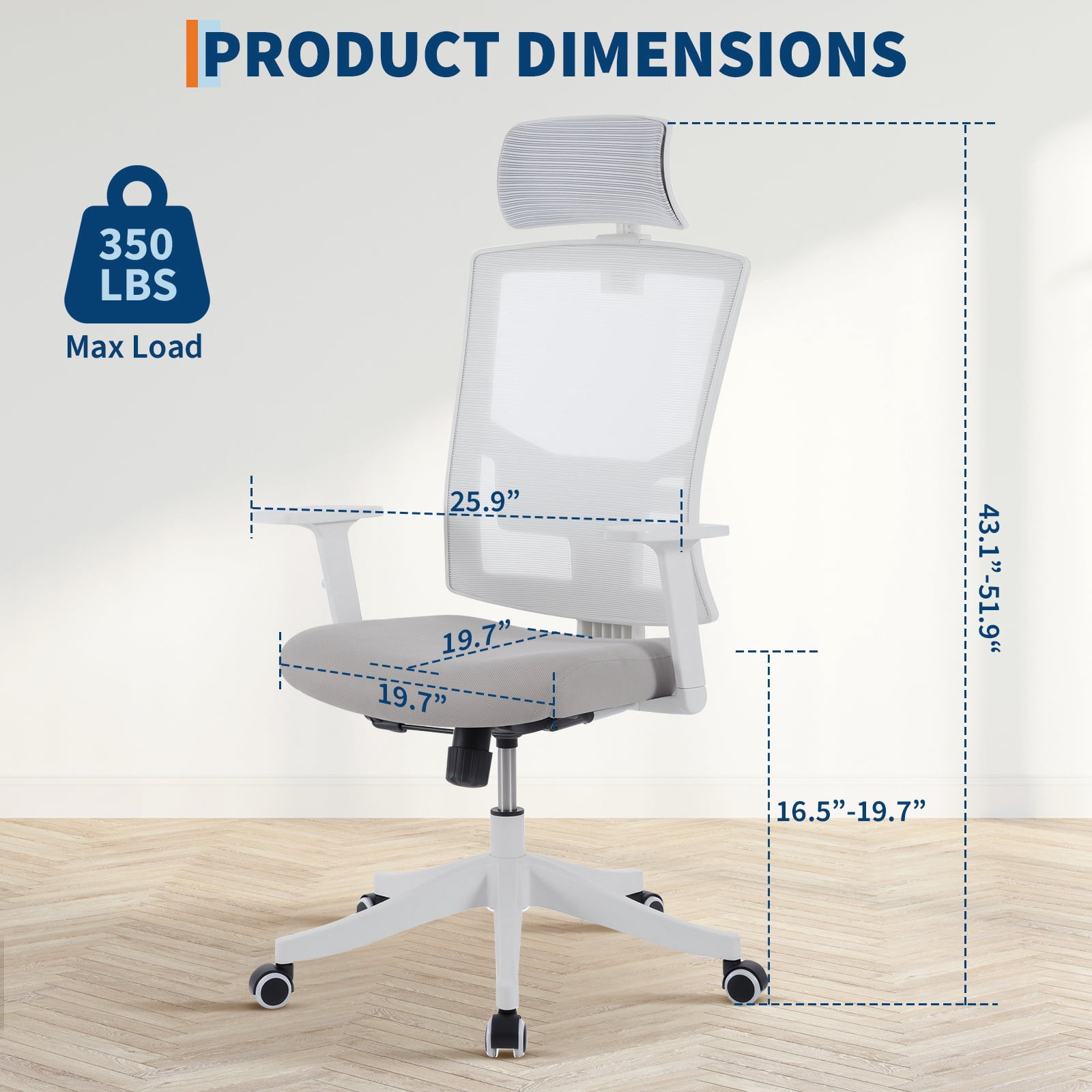 Ergonomic Office Chair with Adjustable Lumbar & Headrest, Adjustable Mesh Desk Chair with Lumbar Support, High Back Swivel Computer Chair with Armrests, Comfortable Desk Chair for Gaming, Studying