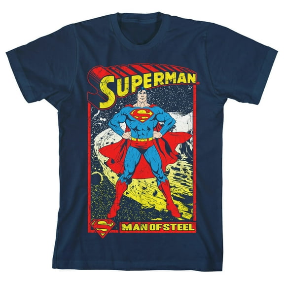 Superman Man of Steel Comic Book Art Boy's Navy T-shirt-Large
