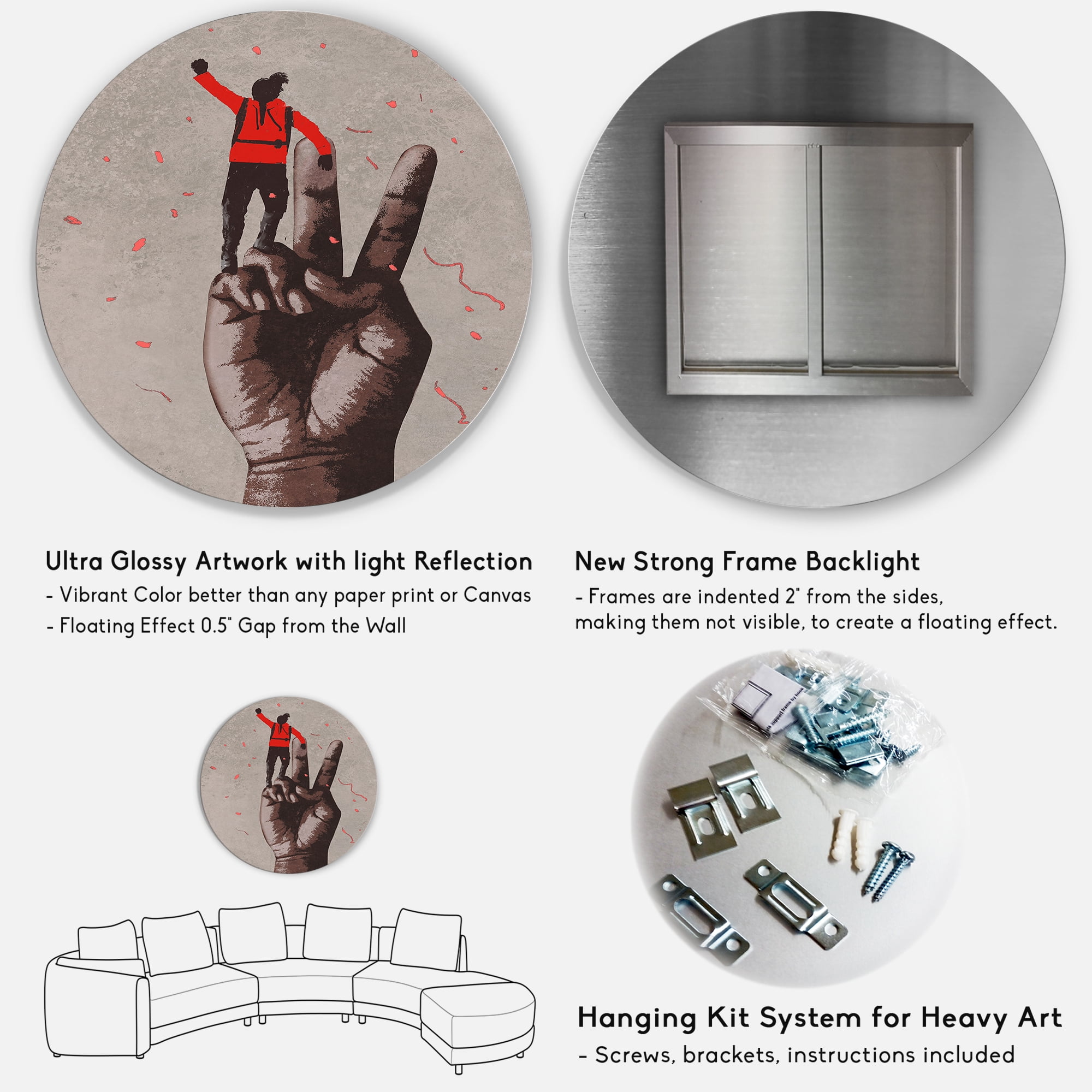 Designart 'Man With Arm Raised On Victory Sign' Modern Circle Metal Wall Art 29x29 - Disc of 29