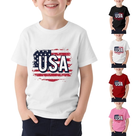 Afuyipoi Boys Graphic Tees (for 3-15) American Flag Graphic Independence Day Celebration Crew Neck Short Sleeve Summer Tshirt for Kids Black Size 5