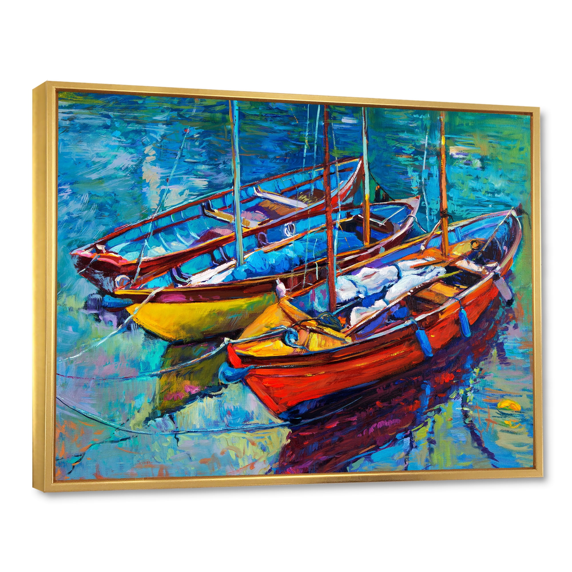 Designart 'Three Colorful Boats In The Harbor' Nautical & Coastal Framed Canvas Wall Art Print