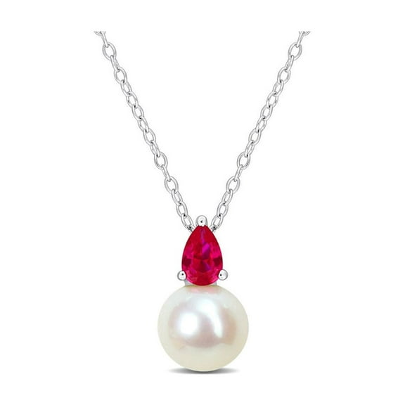 8.5-9mm Freshwater Cultured Drop Pearl Pendant Necklace with Lab-Created Ruby Sterling Silver with Chain for Women