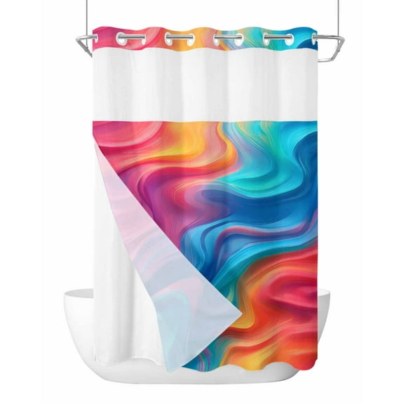 No Hook Shower Curtains with Snap in Liner, Orange Pink Blue Moire Waterproof Fabric Shower Curtain, Minimalist Abstract Waves Double Layers & See-Through Top Window Bathroom Curtains 60''x72''