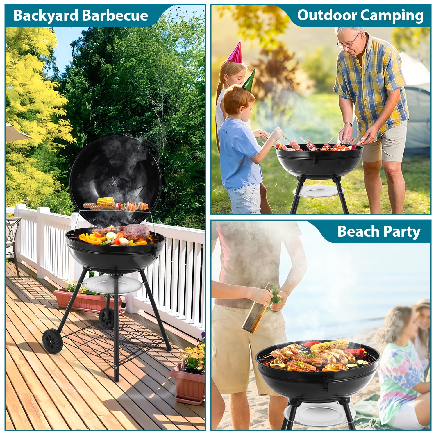 Walchoice 22 inch Charcoal Grill with Wheels & Thermometer, 2 Layer Grilling Racks Heavy Duty Barbecue Grill for Backyard Camping BBQ Cooking, Black Enamel Lid & Bowl