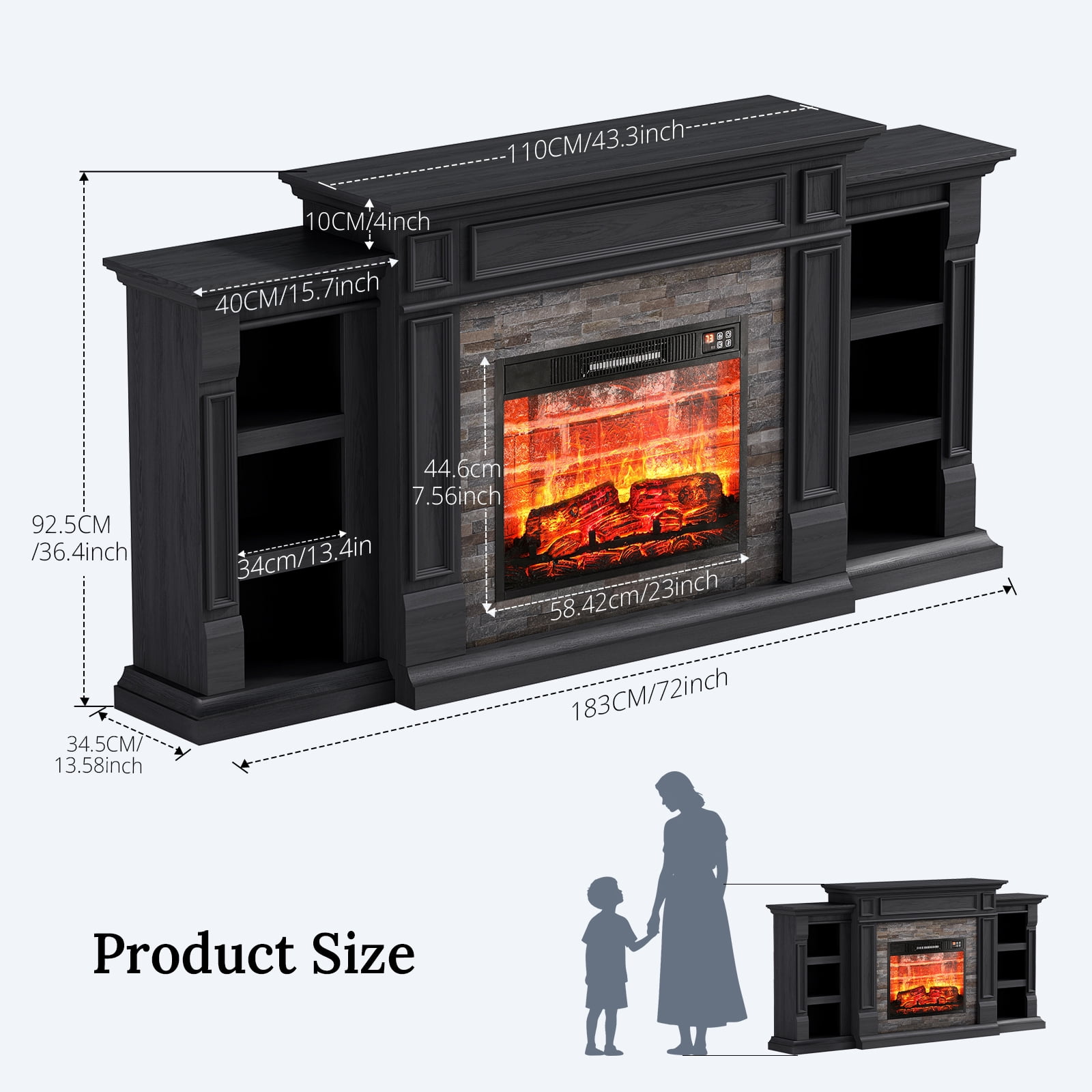LGHM 72" Electric Fireplace TV Stand for 80 inch TV, Freestanding 23" Fireplace Heater with Mantel for Living Room, Bedroom, Red Brick, Black