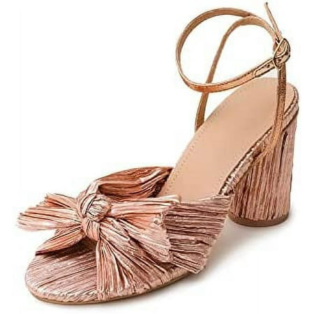 

Women s Pleated Knotted Bow Heeled Sandals Bridal Open Toe Wedding Shoes Ankle Strap Chunky Heels Pump Sandals