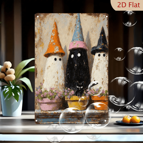 Whimsical Halloween Ghosts Painting on Tin, 8x12 Inches, Rustic Vintage Art with Three Spooky Figures in Flower Pots, Black Cat, Colorful Witch Hats, Textured Wooden Wall Decor for Home Office