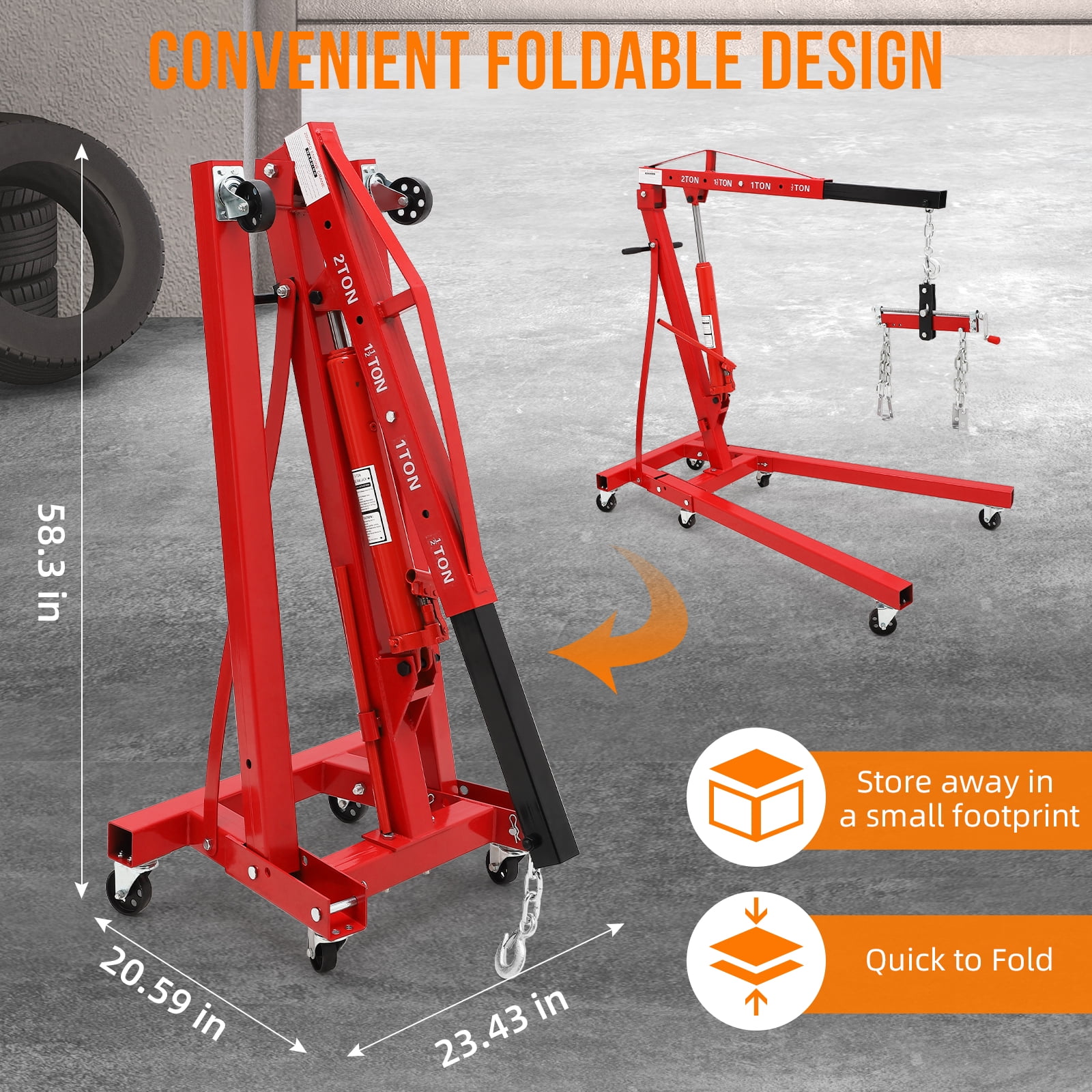 Towallmark Folding Engine Hoist, Cherry Picker with Lever and 6 Casters,Heavy Duty Hydraulic Shop Crane, 2 Ton Max, Red