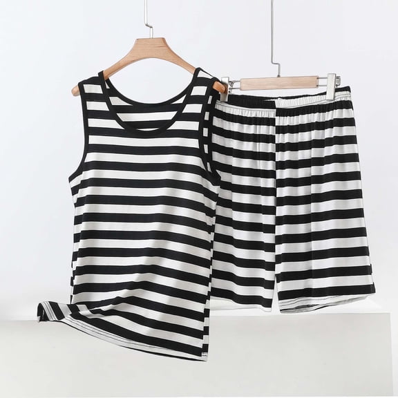 Chbgutlmr Stripped 2 Piece Sets for Women Sleeveless Round Neck Tank Tops Elastic Waist Wide Leg Shorts Casual Loose Summer Comfy Outfits