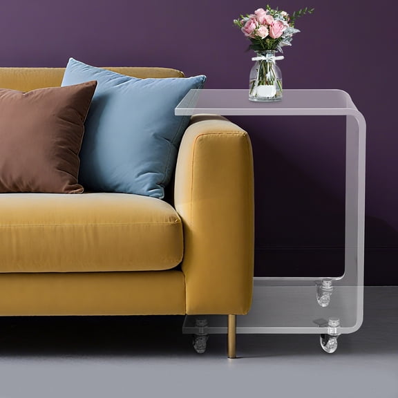 Transparent Acrylic 35x56cm C-Shaped Side Table Wheeled Bedside Table Sofa Coffee Table Storage Rack