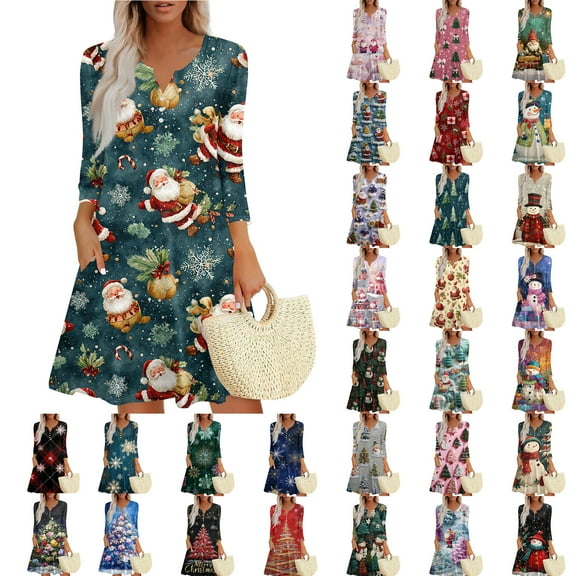 Christmas Dresses for Women Women's Christmas Printed Fashionable V-neck Button Seven Part Cuff Pocket Dress for Holiday Party,Army Green,L