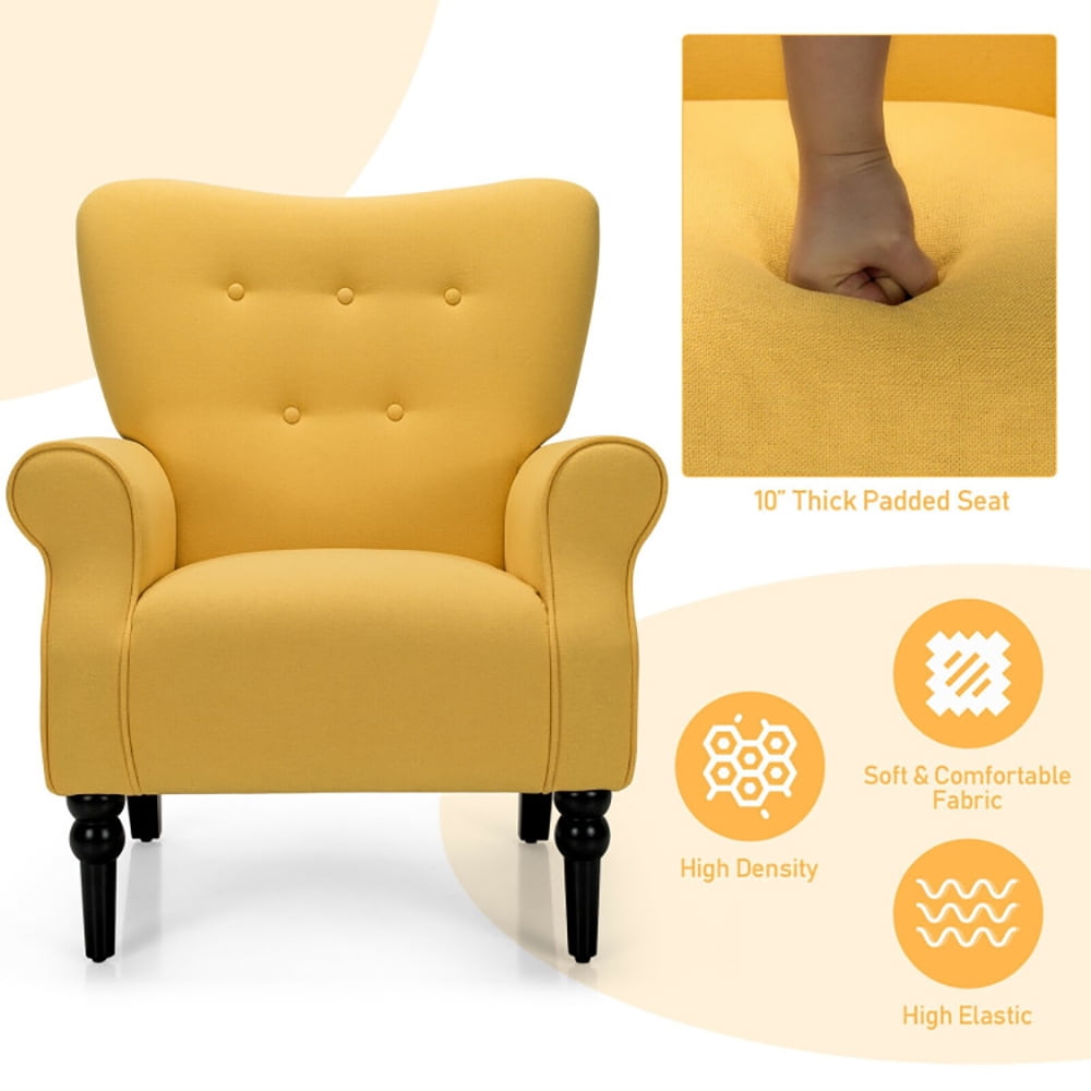 Finihen Accent Armchair, Modern Accent Chair with Tufted Backrest and Rubber Wood Avocado Legs, for Living Room, Bedroom, Yellow