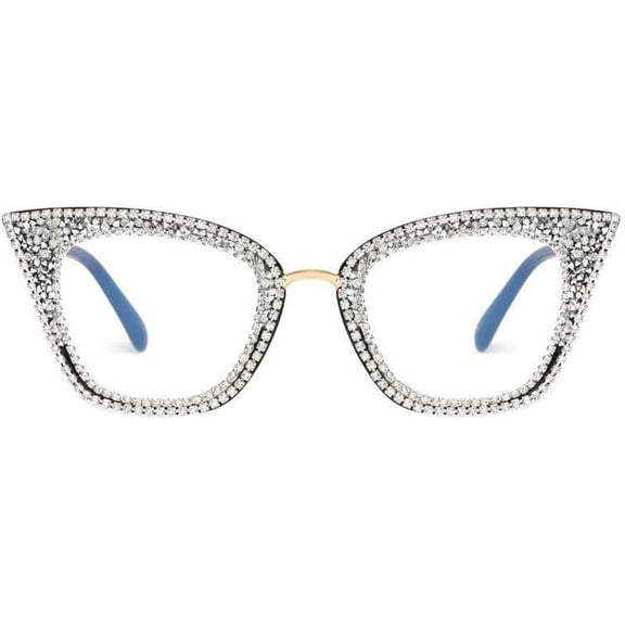 Sparkling Diamond Rhinestone Blue Light Blocking Glasses For Women Metal Frame Crystal Cat Eye Clear Eyeglasses