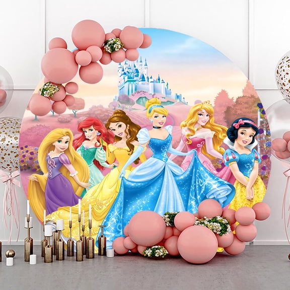 6.5ft Cartoon Princess Castle Round Birthday Backdrop for Girl