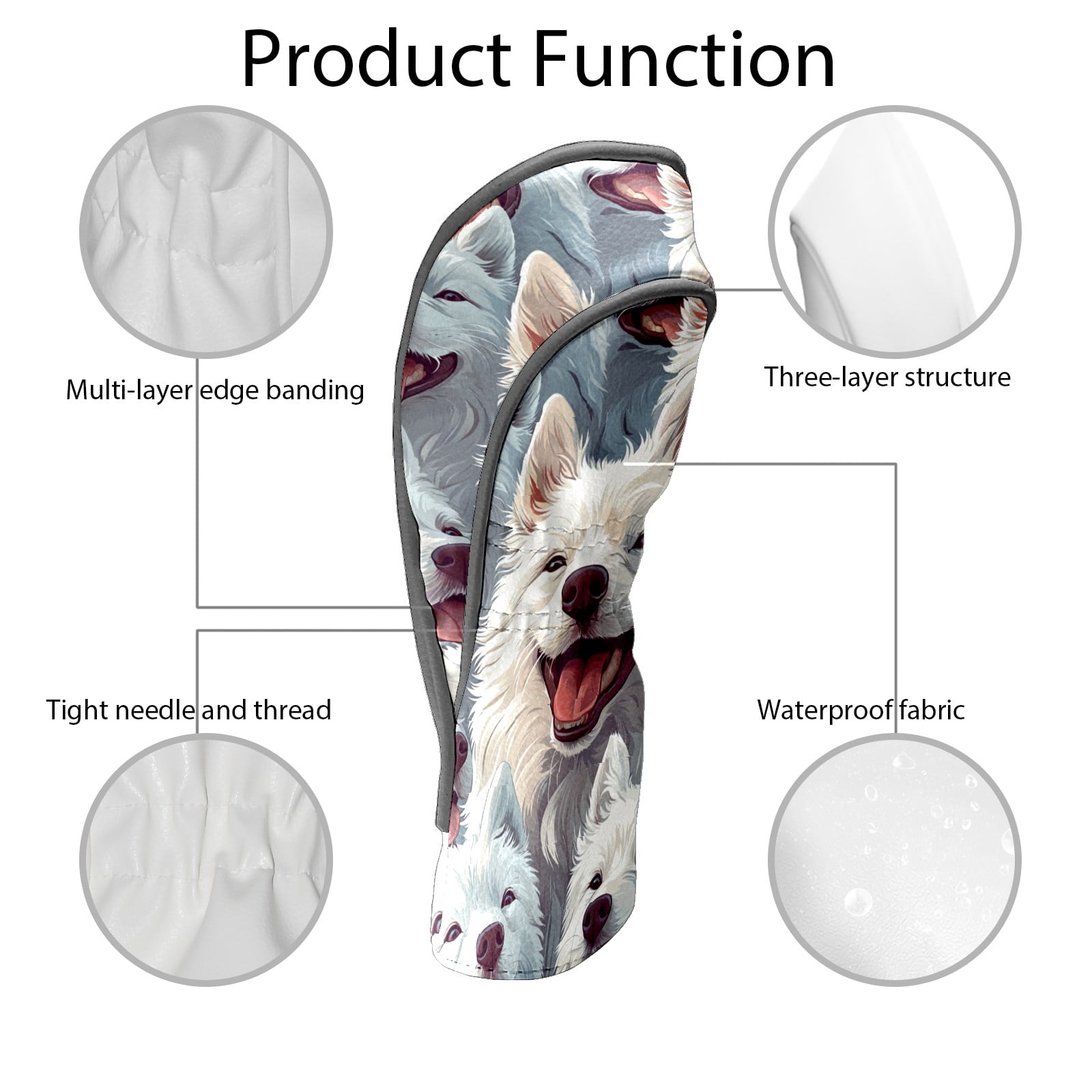 Golf Club Covers PU Leather Waterproof Head Covers for Fairway Woods Hybrids Cute Samoyed