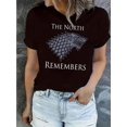 thumbnail image 1 of [1pc "The North Remembers" Crew Neck] 1pc Women'S Casual Crew Neck T-Shirt with "The North Remembers" Animal Print, Cotton Knit Fabric, Medium Stretch, All-Season Comfort Fit, 1 of 5