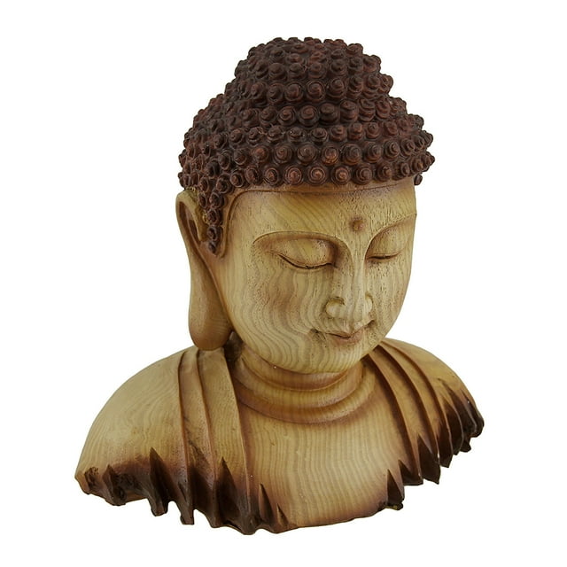 Meditating Buddha Head Decorative Faux Carved Wood Look Statue