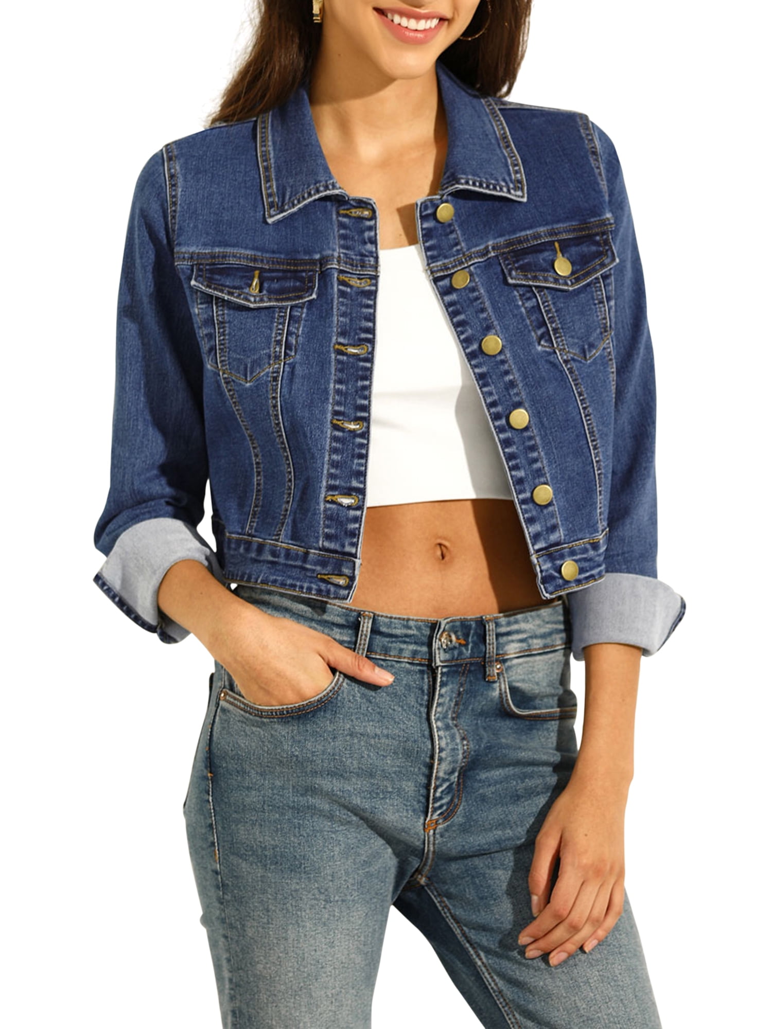 DARING DIVA Women's Long Sleeve Button Down Trucker Jean Denim Jacket XL Dark Blue