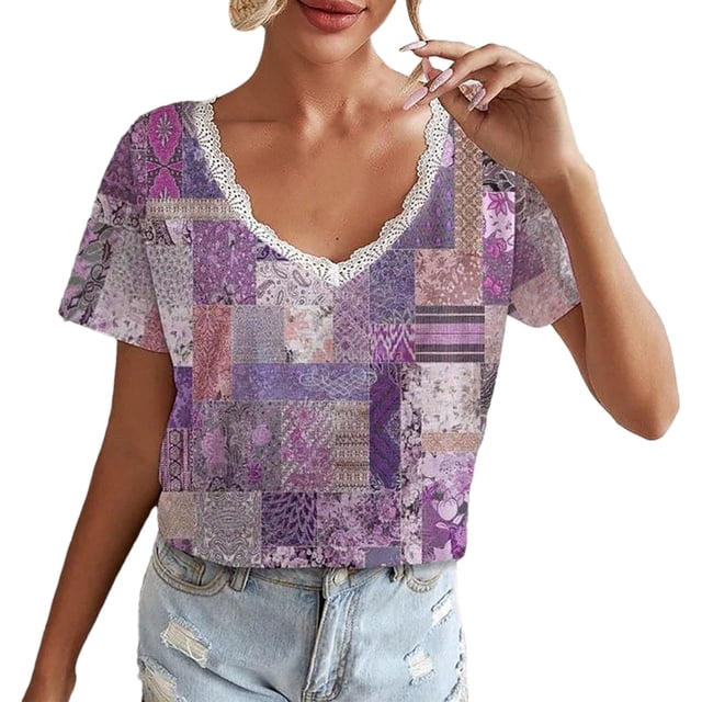 Gibobby Camisetas de verano para mujer Camiseta manga corta con estampado floral verano para mujer(Morado,CH)