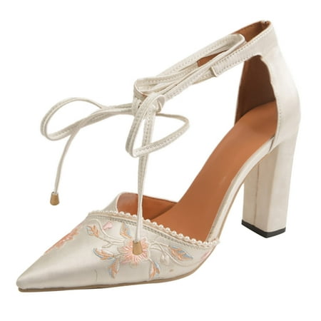 

High Heels for Women Embroidery Sandals Women Heels Flowers Pointed Shoes Single Lace Up Toe Casual Women S High Heels High Heels Pu White 41