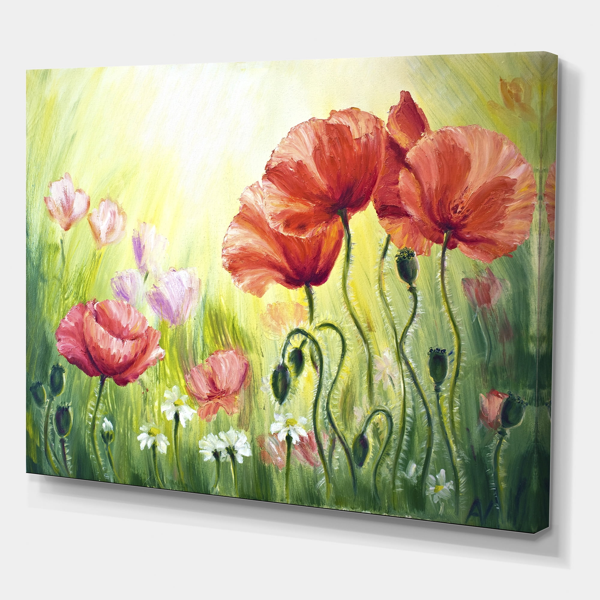 Designart ' Blossoming Red and Purple Poppies In The Morning I ' Traditional Canvas Wall Art Print