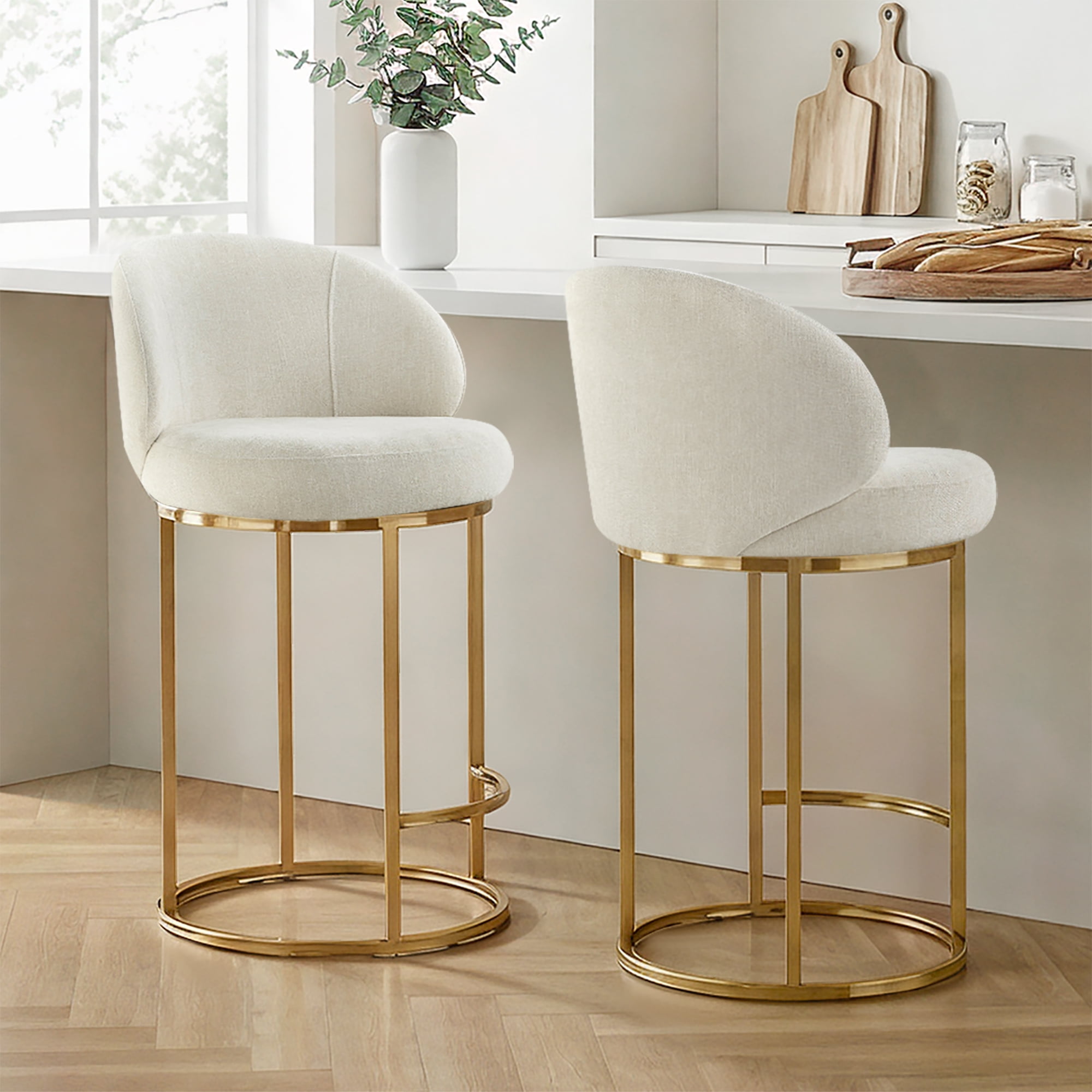 Spruce & Spring Counter Height Swivel Bar Stool with Arched Back and Metal Base Set of 3, Linen, Bronze Frame