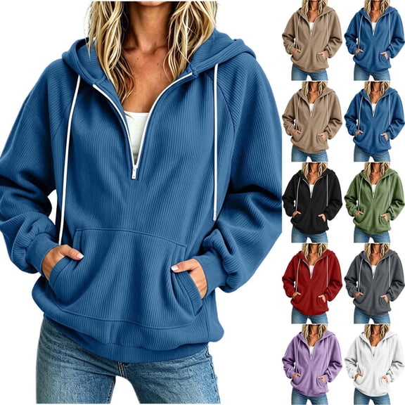 Oversized Hoodies for Women Sevevn Fashion Casual Solid Color Fleece Hooded Half-Zip Oversized Fleece Hoodie Winter Sweatshirt with Pockets Blue L