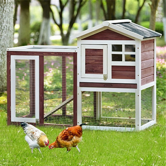 Pefilos 47" Deluxe Wooden Chicken Coop Hen House, Rabbit Wood Hutch, Indoor Outdoor Bunny Cage with Run, No Leak Tray and UV Panel, Wine Red