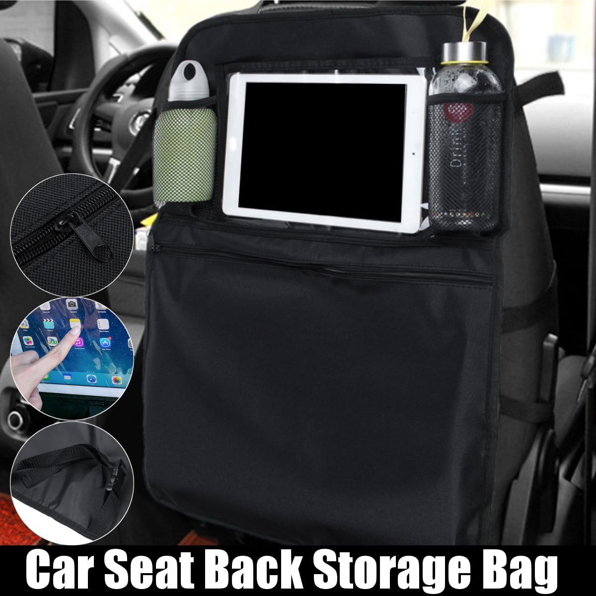 Flyou Car Backseat Organizer Phone Pocket Pouch for Books Tablet Mobile Drinks Tissue Travel Storage Bag Car Organizer Multi-Pocket Back Seat Storage Bag Beige