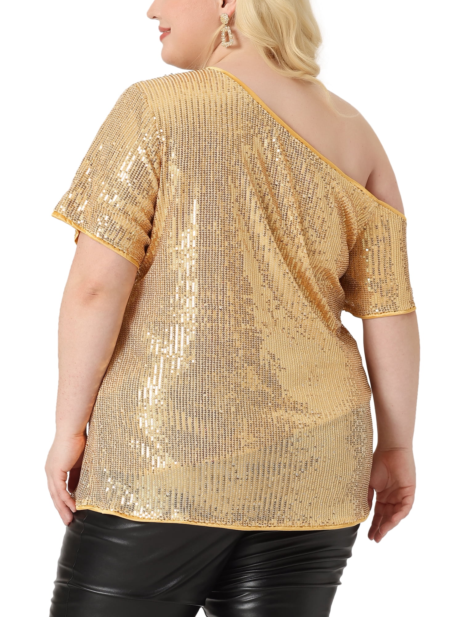 Women's Plus Tops One Shoulder Short Sleeve Metallic Blouses Party Sequin Tops 3X Gold