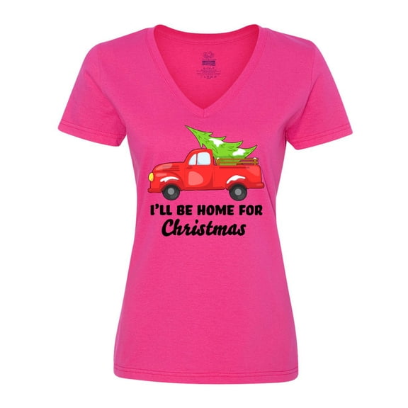 Inktastic I'll Be Home for Christmas Truck with Tree Women's V-Neck T-Shirt