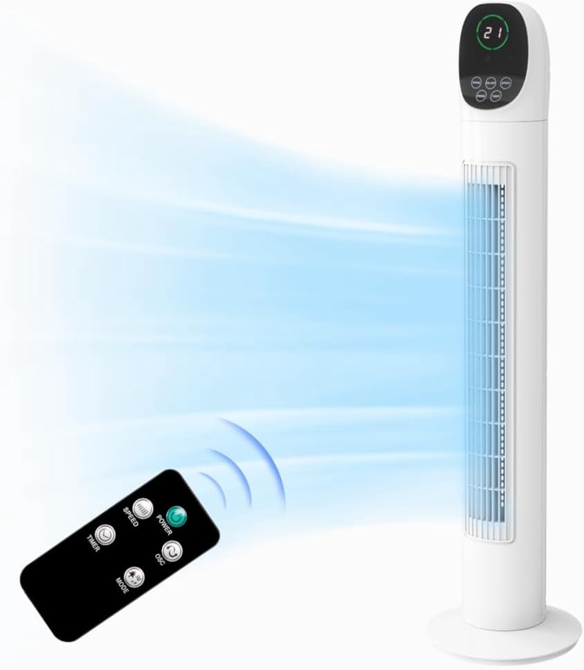 VINGLI 42" Tower Fan with APP & Remote Control, Smart Floor Fan with 3 Modes 3 Speeds & Digital Display, Bladeless Standing Fan with Oscillating, 12H Timer, Quiet Fan for Cooling Bedroom, Home, Office