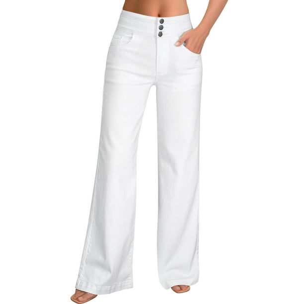 Jeans de pierna ancha para mujer, casuales, de cintura alta, elásticos, holgados, pantalones de mezclilla blancos, talla pequeña.