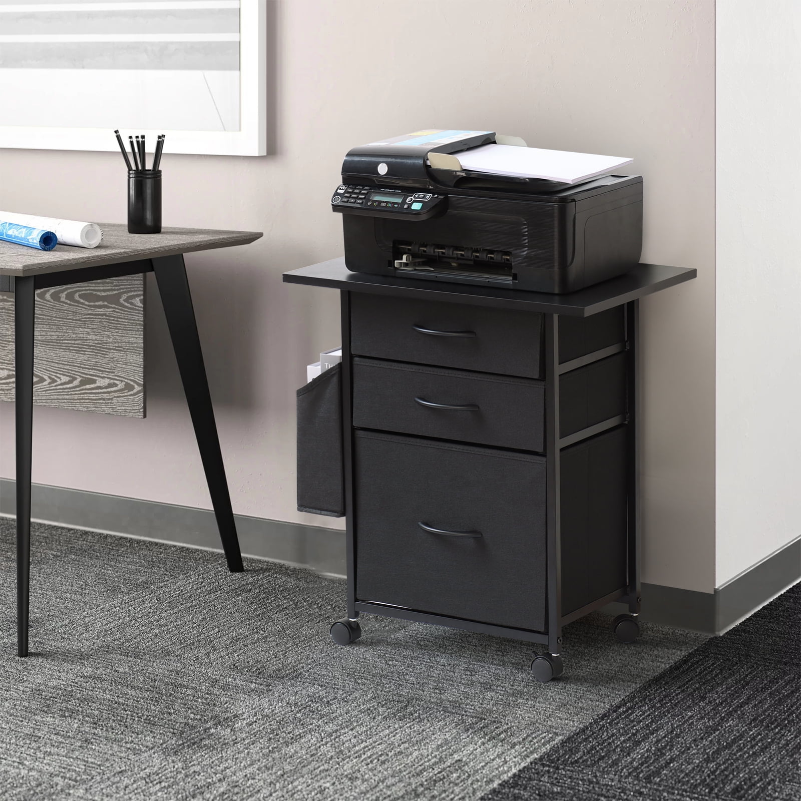KATHY&BOB Printer Stand with 3 Fabric Drawers, Mobile File Cabinet, Desk Table Cabinet Fits A4 Letter Size, Home Office Furniture, Black
