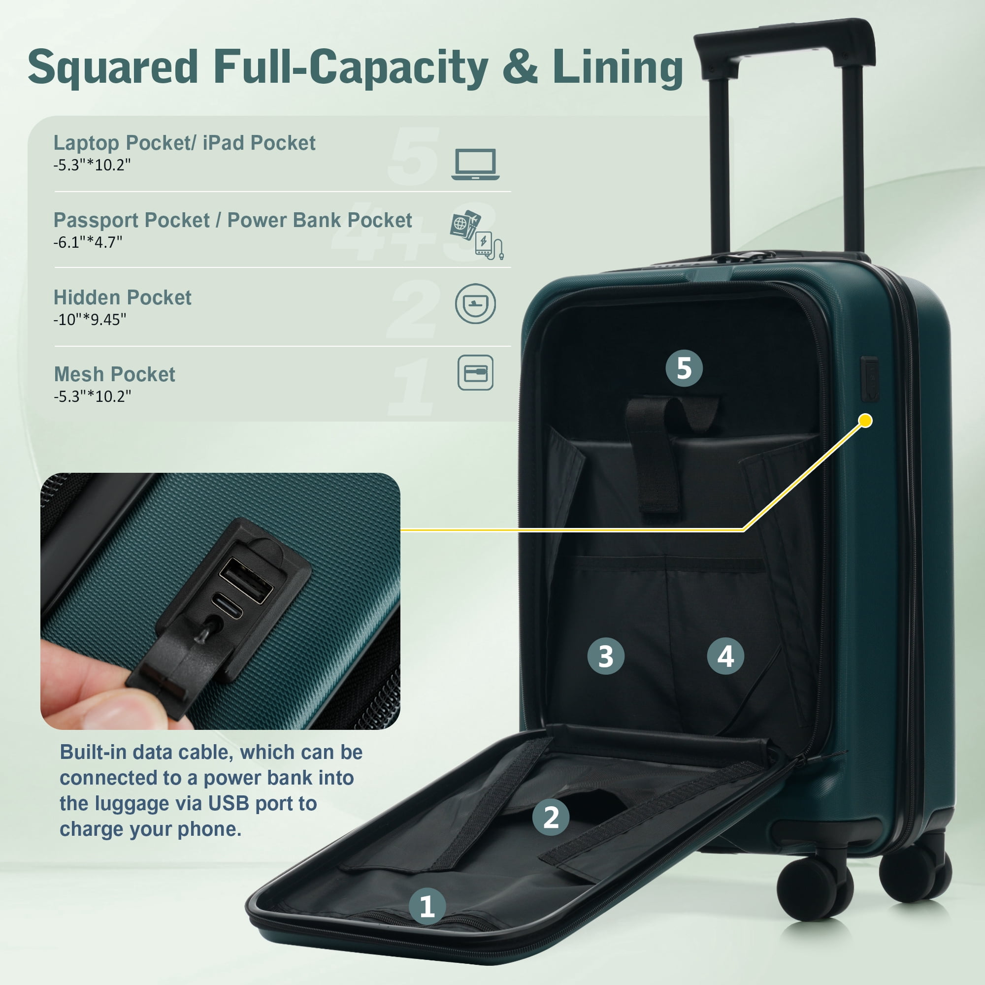 Euroco 5 Piece Front Opening Luggage Sets, Hardside Expandable Carry On Suitcase Set with USB Port,TSA Locks, Spinner Wheels and 2 Bags,Lightweight Travel Luggage for Men Women(20"/24"/28"),Green