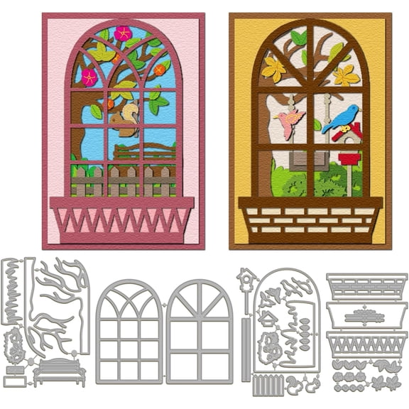 Backyard Scenery Cutting Dies for Card Making Metal Die Cuts Window View Cutting Dies Templates for Scrapbooking Journal Embossing Paper Craft Decor for DIY