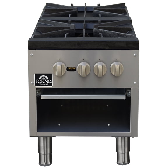 Forno Commerciale gas stock pot range, 2 powerful 3-ring burners, 160,000 BTU, durable stainless steel, heavy-duty cast iron grates