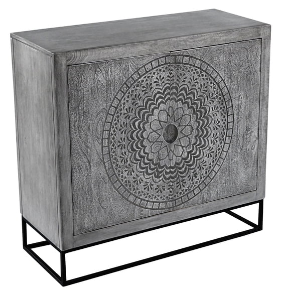 39 Inch Handcrafted Accent Cabinet with 2 Doors, Medallion Engraved, Sandblasted Gray Mango Wood, Black Iron Framed