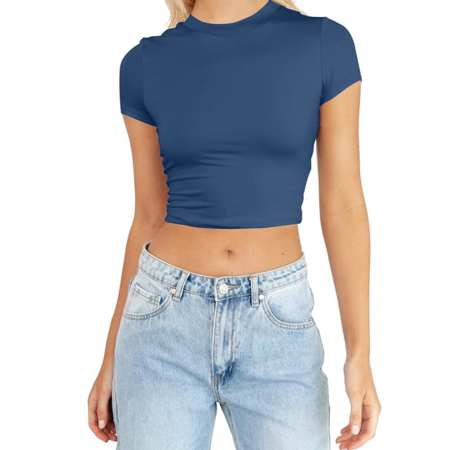 2025 T-Shirt à Manches Courtes d'Été pour Femmes Compression Manches Longues Crop Tops Mignons T-Shirt Décontracté Vin Basique Col Rond Ajusté T-Shirts Manches Longues pour Femmes